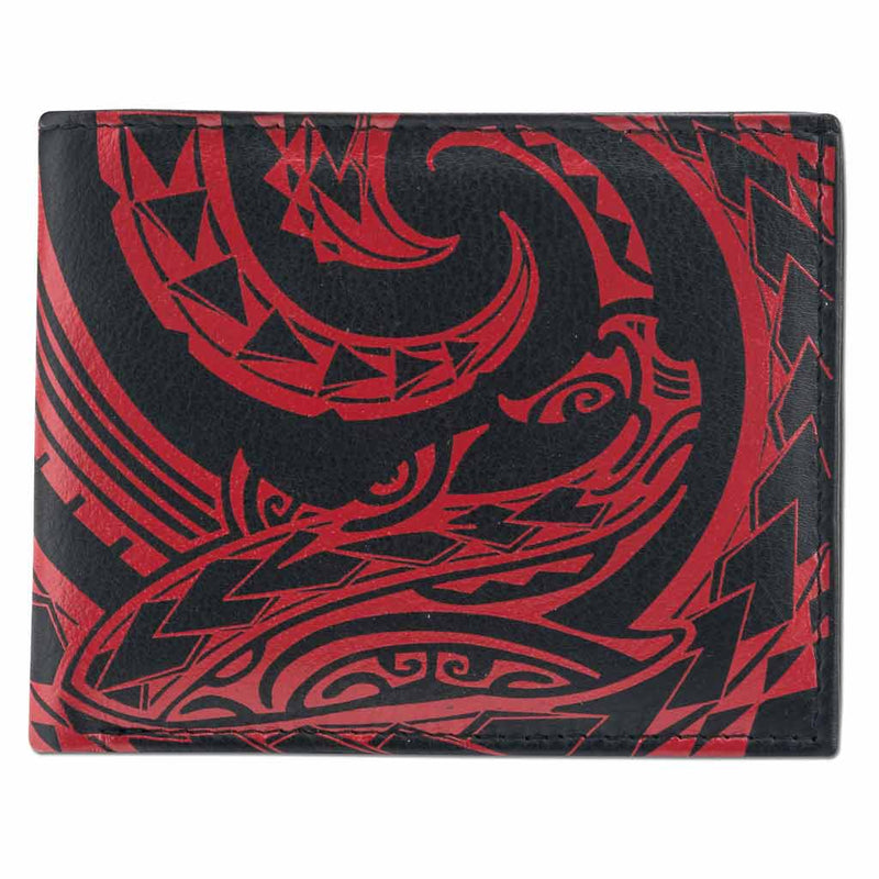 BlackwithRedRFID - KM24 - Tribal shark tattoo bifold wallet - by Kuaika Quenga - NĀ KOA