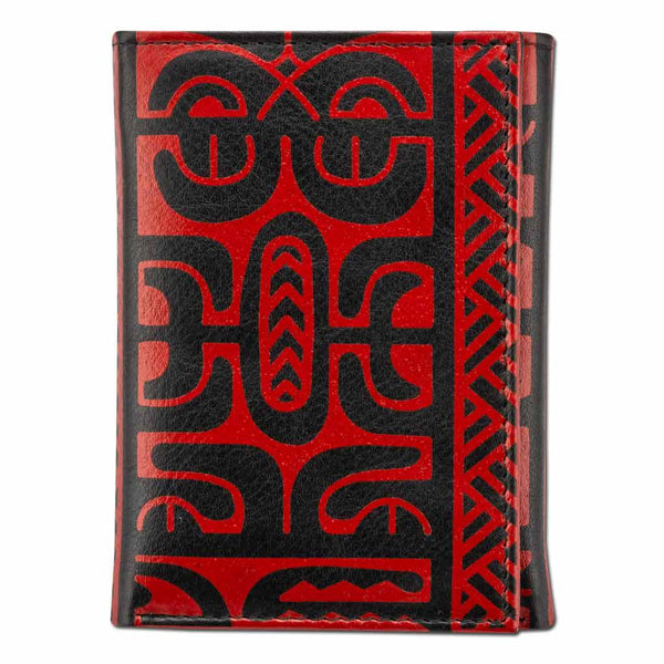 BlackWithRedRFID - Trifold Wallet - French Polynesian tattoo trifold wallet - Art: "Te Atua" by Sulu'ape Pili Mo'o - NĀ KOA