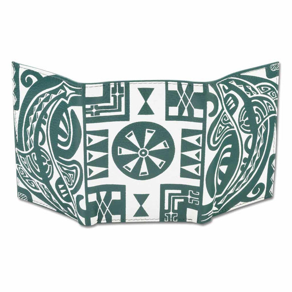 Green KT23 - Tahitian shark tattoo trifold wallet - Art: "Ma’o" by Teva Lowy - NĀ KOA
