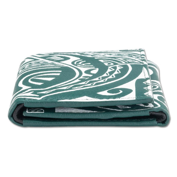 Green KT23 - Tahitian shark tattoo trifold wallet - Art: "Ma’o" by Teva Lowy - NĀ KOA