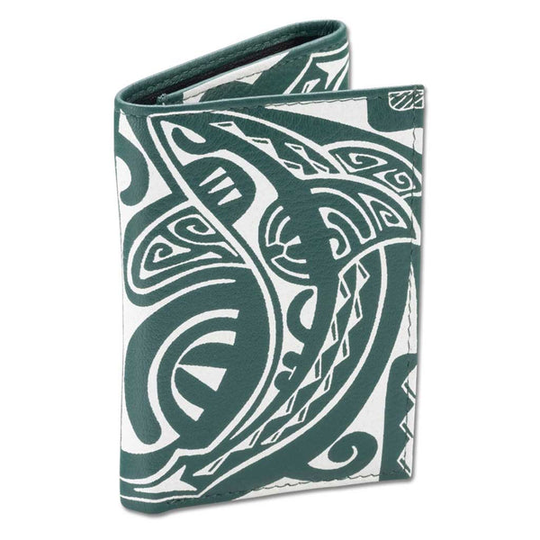 Green - KT23 - Tahitian shark tattoo trifold wallet - Art: "Ma’o" by Teva Lowy - NĀ KOA