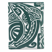 Green KT23 - Tahitian shark tattoo trifold wallet - Art: "Ma’o" by Teva Lowy - NĀ KOA