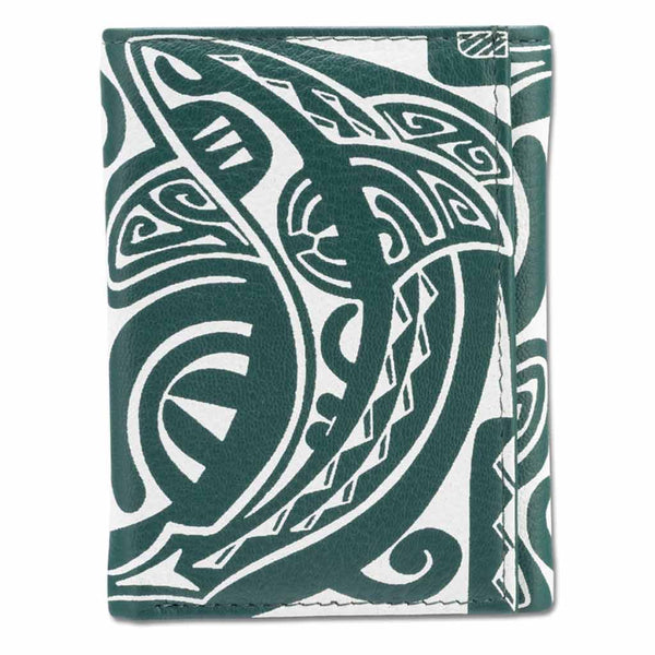 Green KT23 - Tahitian shark tattoo trifold wallet - Art: "Ma’o" by Teva Lowy - NĀ KOA
