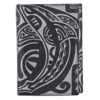 BlackWithSilver KT23 - Tahitian shark tattoo trifold wallet - Art: "Ma’o" by Teva Lowy - NĀ KOA