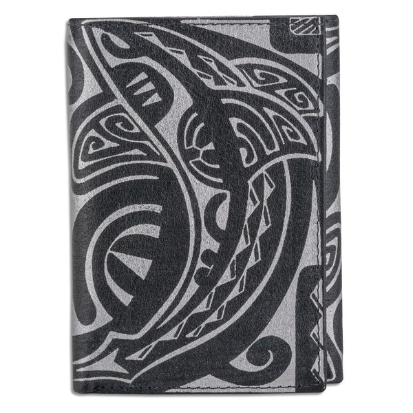 BlackWithSilver KT23 - Tahitian shark tattoo trifold wallet - Art: "Ma’o" by Teva Lowy - NĀ KOA
