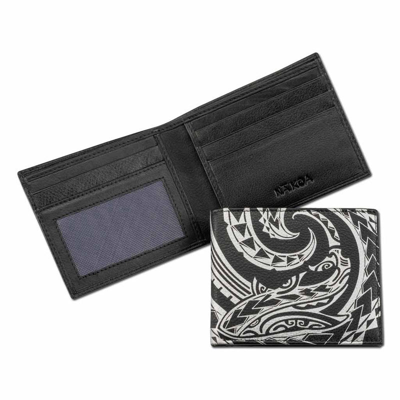 BlackwithSilverRFID KM24 - Tribal shark tattoo bifold wallet - Art: Mano - NĀ KOA
