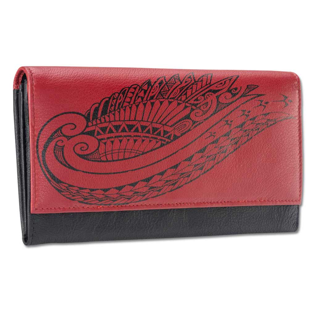 Clutch Leather Wallet with Hawaiian Wing Tattoo Art Green
