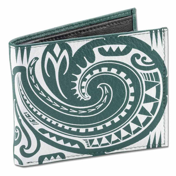 Green - KM29 - Samoan fish hook tattoo bifold wallet - Art: "Makau" by Sulu'ape Si'i Liufau - NĀ KOA
