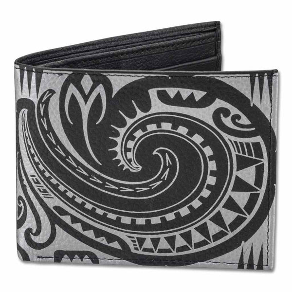 BlackwithSilverRFID - KM29 - Samoan fish hook tattoo bifold wallet - Art: "Makau" by Sulu'ape Si'i Liufau - NĀ KOA