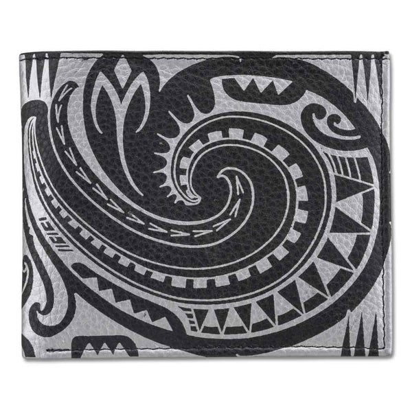 BlackwithSilverRFID - KM29 - Samoan fish hook tattoo bifold wallet - Art: "Makau" by Sulu'ape Si'i Liufau - NĀ KOA