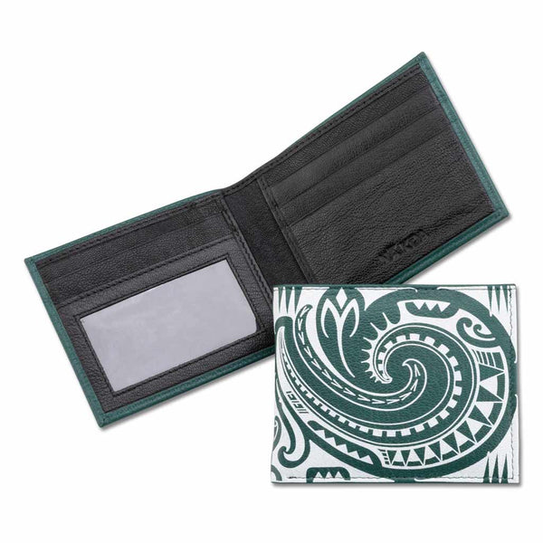Green - KM29 - Samoan fish hook tattoo bifold wallet - Art: "Makau" by Sulu'ape Si'i Liufau - NĀ KOA