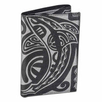 BlackWithSilver - KT23 - Tahitian shark tattoo trifold wallet - Art: "Ma’o" by Teva Lowy - NĀ KOA