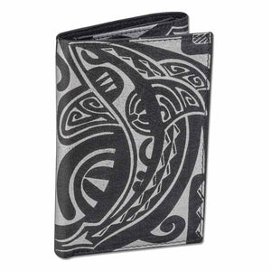 BlackWithSilver - KT23 - Tahitian shark tattoo trifold wallet - Art: "Ma’o" by Teva Lowy - NĀ KOA