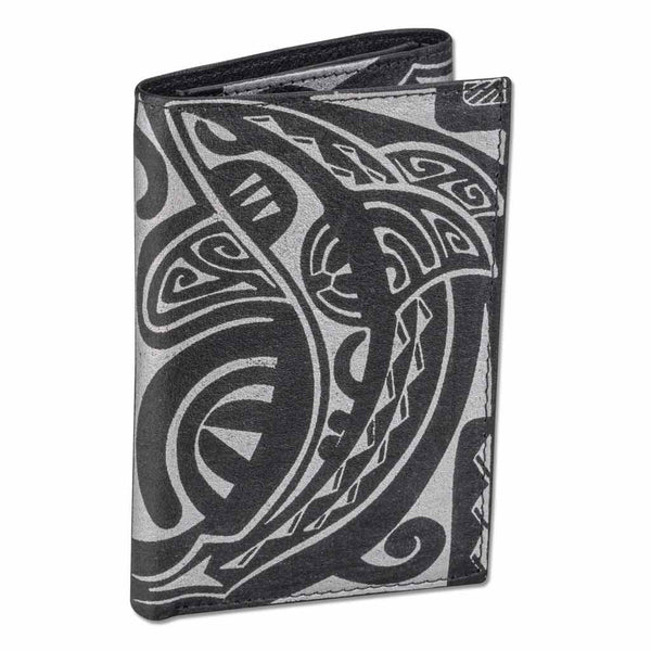 BlackWithSilver - KT23 - Tahitian shark tattoo trifold wallet - Art: "Ma’o" by Teva Lowy - NĀ KOA