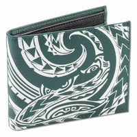 Green - KM24 - Tribal shark tattoo bifold wallet - Art: "Mano" by Kuaika Quenga - NĀ KOA