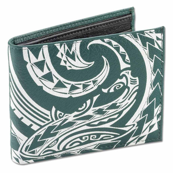 Green - KM24 - Tribal shark tattoo bifold wallet - Art: "Mano" by Kuaika Quenga - NĀ KOA
