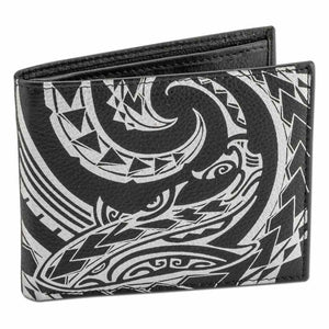 BlackwithSilverRFID - KM24 - Tribal shark tattoo bifold wallet - Art: "Mano" by Kuaika Quenga - NĀ KOA