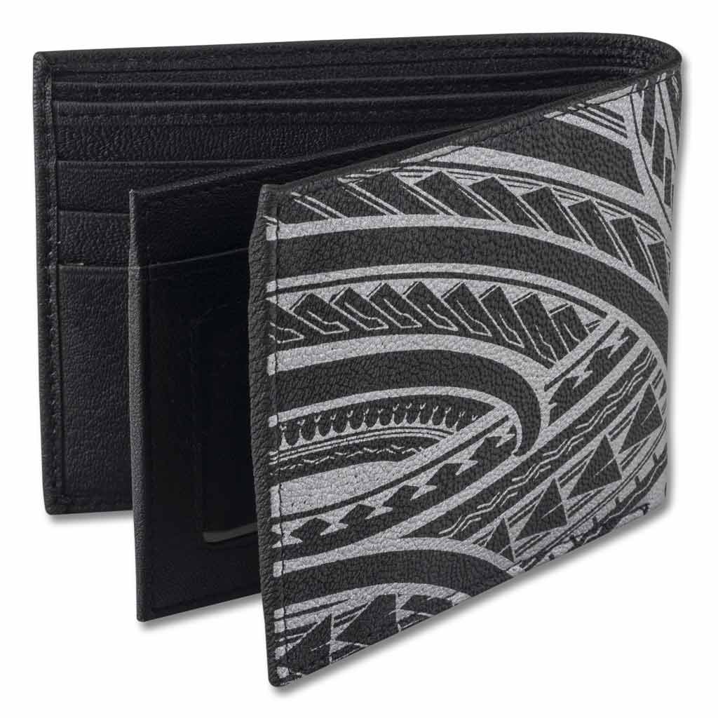 Leather bi-fold wallet with flip ID and Hawaiian tattoo art