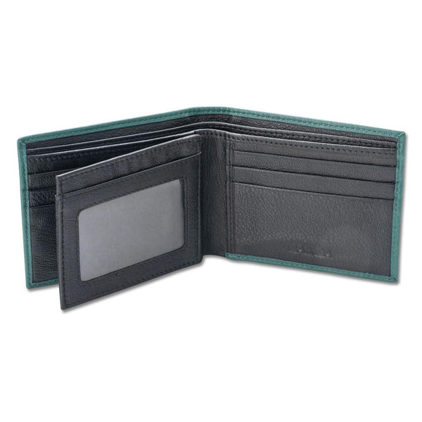 Leather bi-fold wallet with flip ID and Hawaiian tattoo art