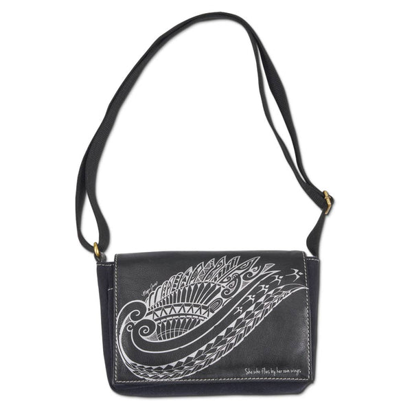 KP21 BW - Polynesian Tattoo Crossbody Purse - Art: "Kaulele" by Megan Jones, Color: Black/Silver - NĀ KOA