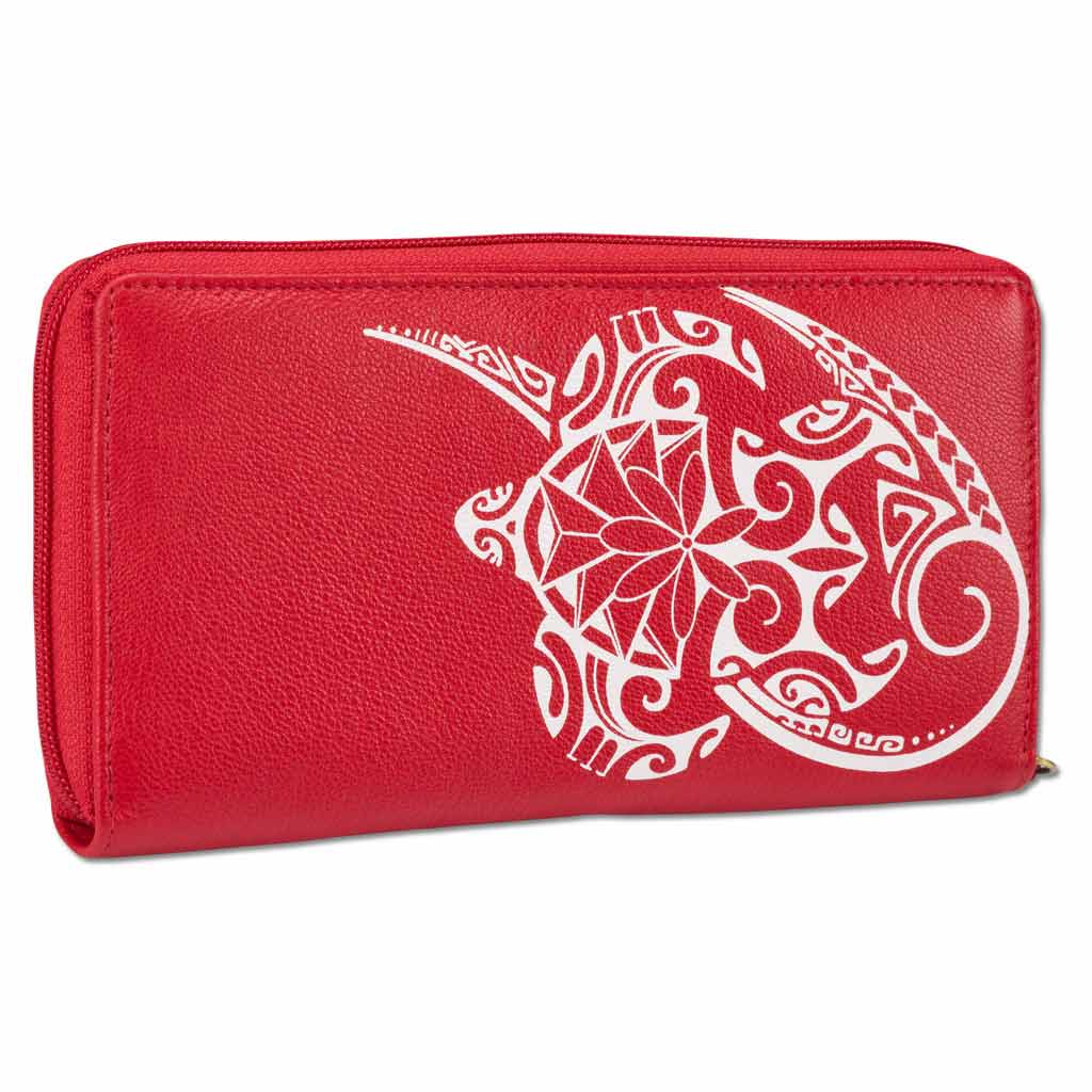 Leather zip wallet with Polynesian sea turtle tattoo art