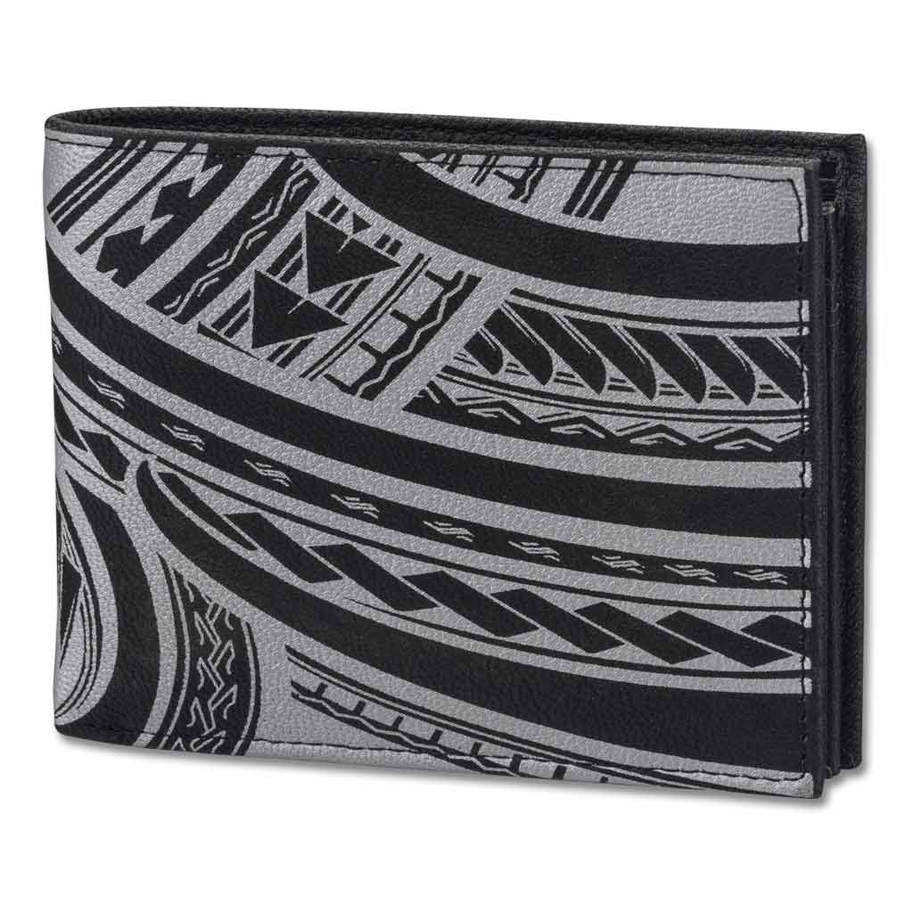 Leather bi-fold wallet with flip ID and Hawaiian tattoo art | NĀ KOA