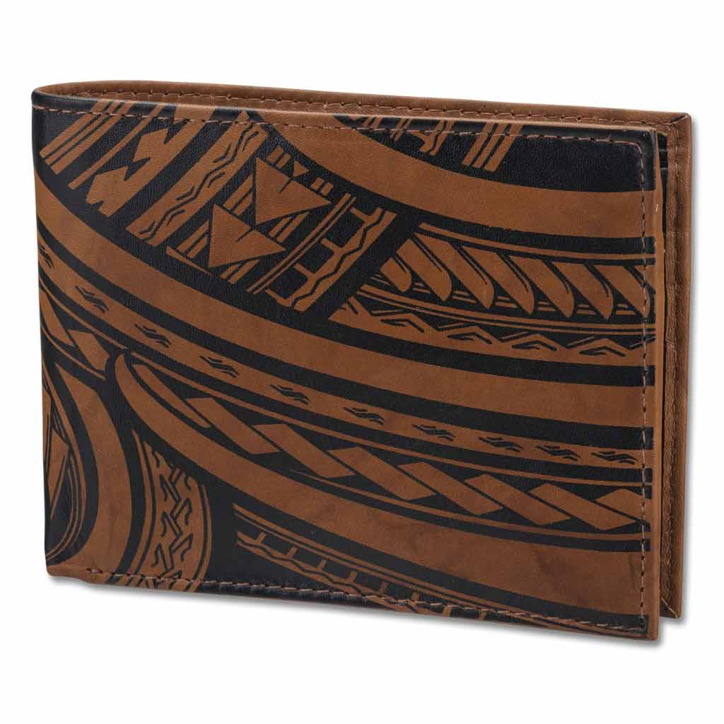 Leather bi-fold wallet with flip ID and Hawaiian tattoo art