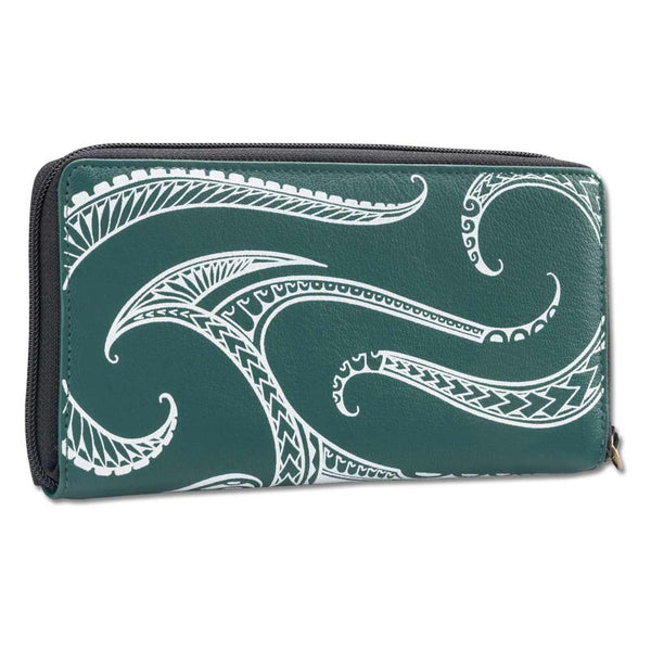 Clutch Leather Wallet with Hawaiian Wing Tattoo Art Green