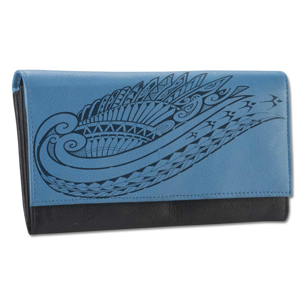 Clutch leather wallet with Hawaiian wing tattoo art | NĀ KOA