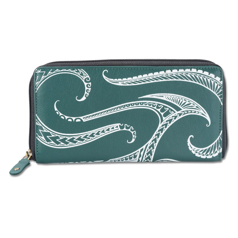 KZ21 - SALE - Hawaiian tattoo wallet for women - Art by Kuaika Quenga pm green leather - NĀ KOA