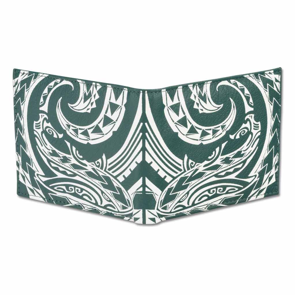 SALE bifold wallet with Polynesian Shark Tattoo on Green